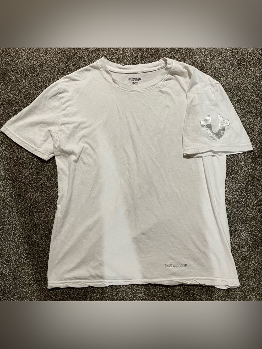 True Religion White Short Sleeve Crewneck T-Shirt with Silver Logo Accent